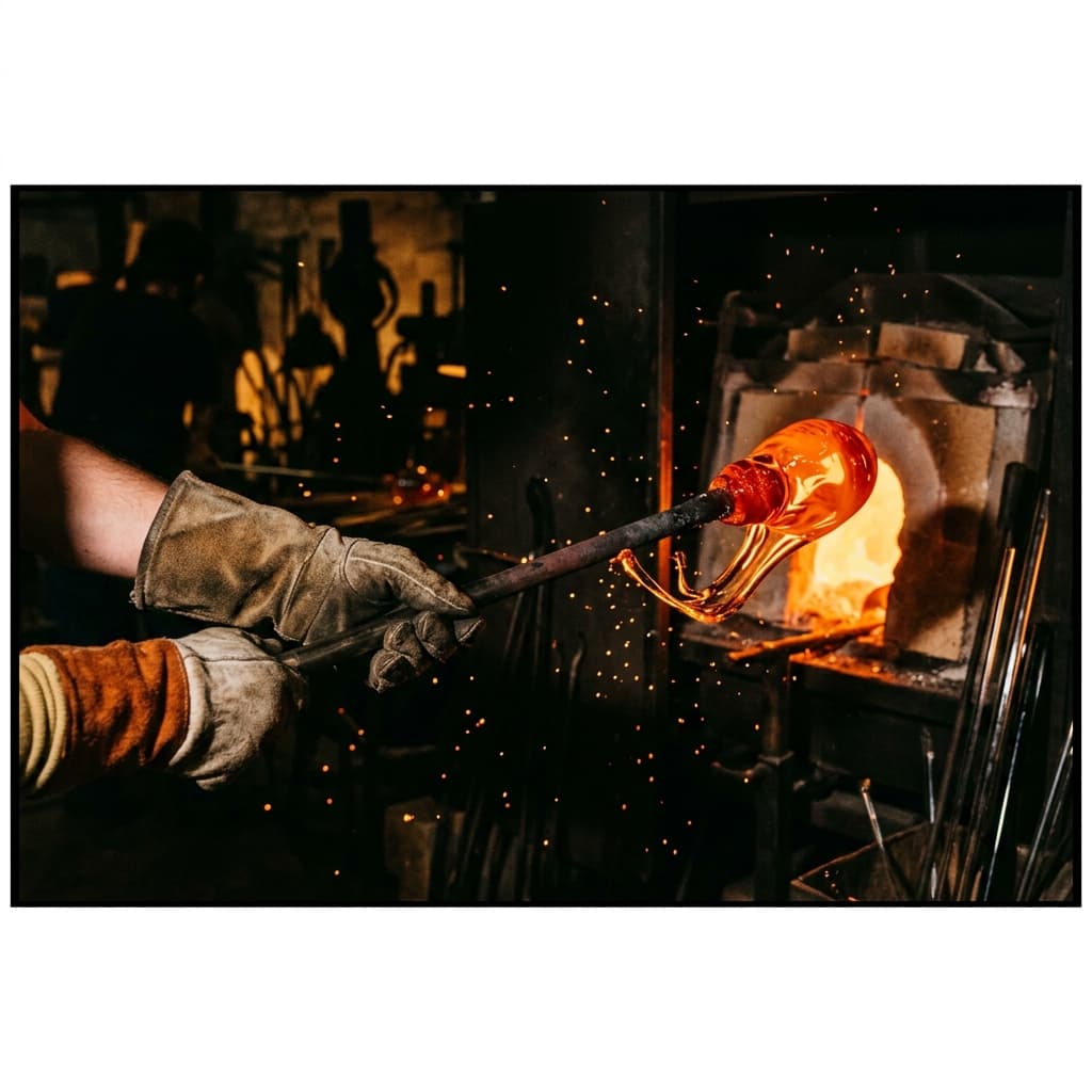 Mains de verrier soufflant le cristal à la canne, lumière chaude d'atelier