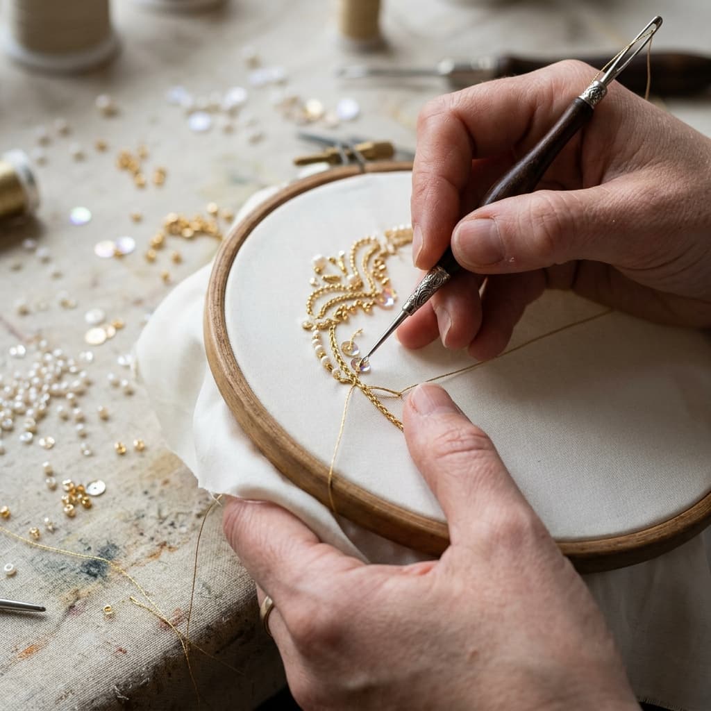 Crochet de Lunéville sur soie crème, perles et sequins