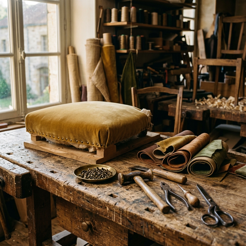 Établi d'atelier de sièges, garniture mi-faite en velours moutarde