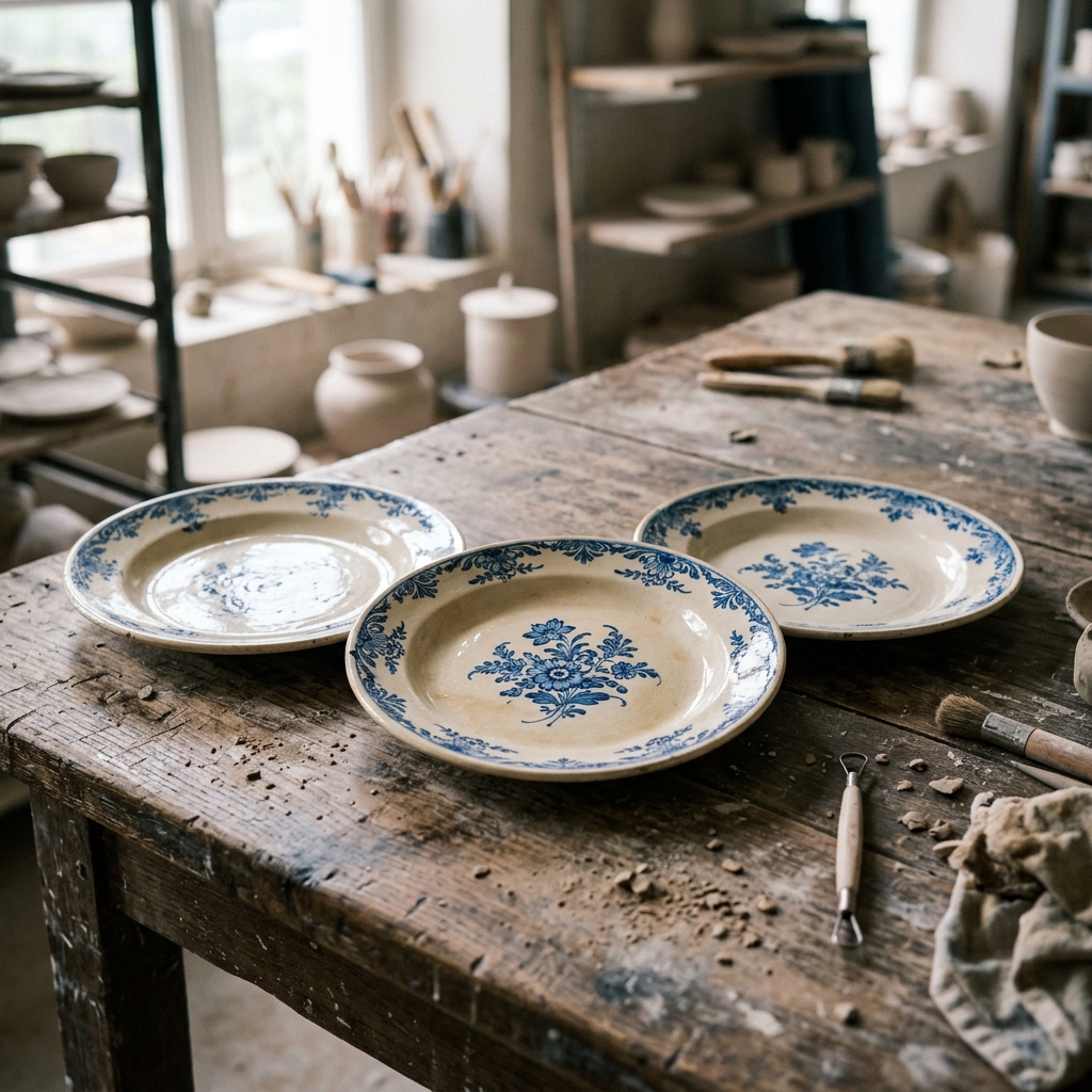 Assiettes en faïence à décor floral bleu cobalt, table d'atelier en chêne