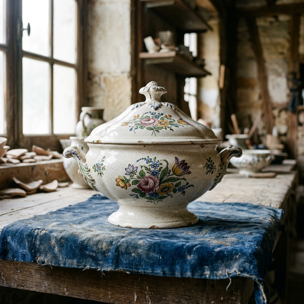 Soupière en faïence fine à décor polychrome, glaçure crackelée