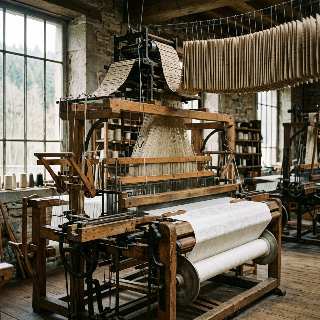 Métier à tisser jacquard en bois, cartes perforées et tissage damassé en cours