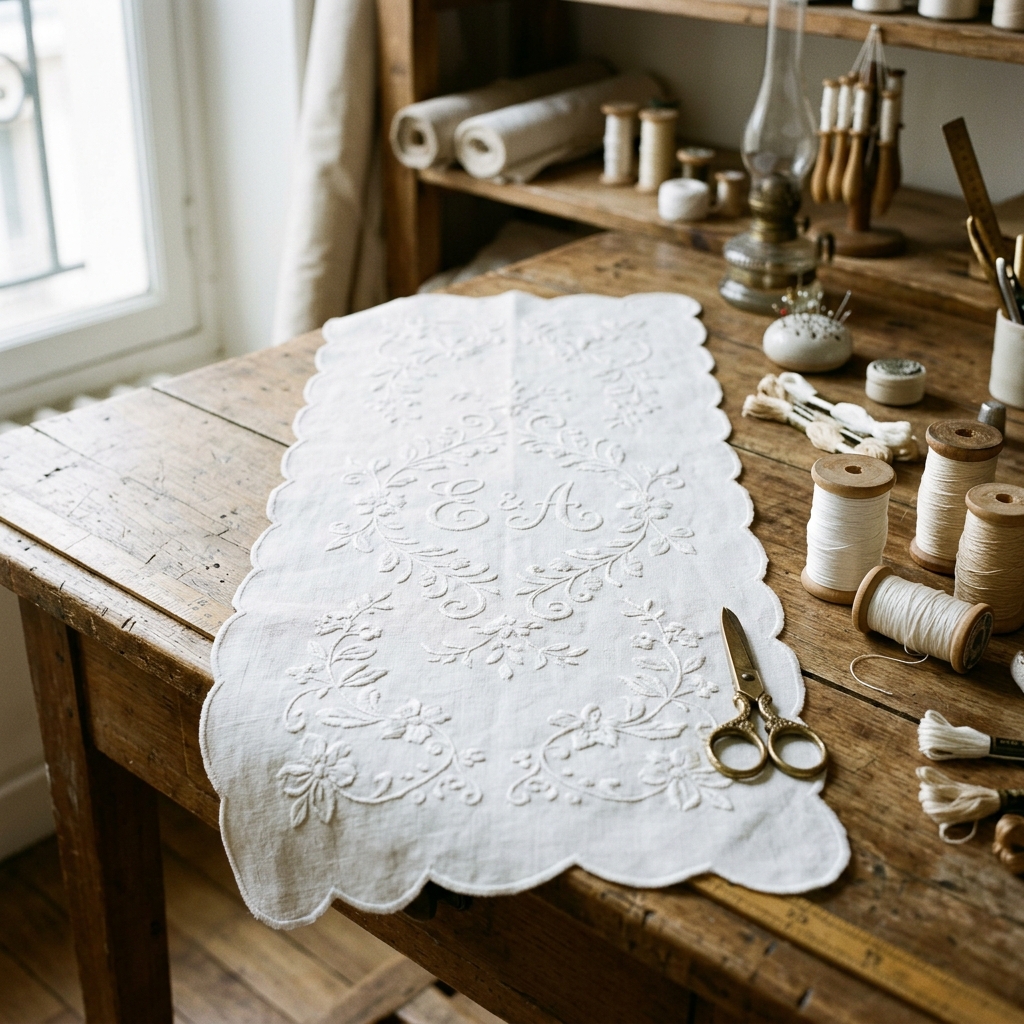 Chemin de table en lin brodé, monogramme blanc sur blanc