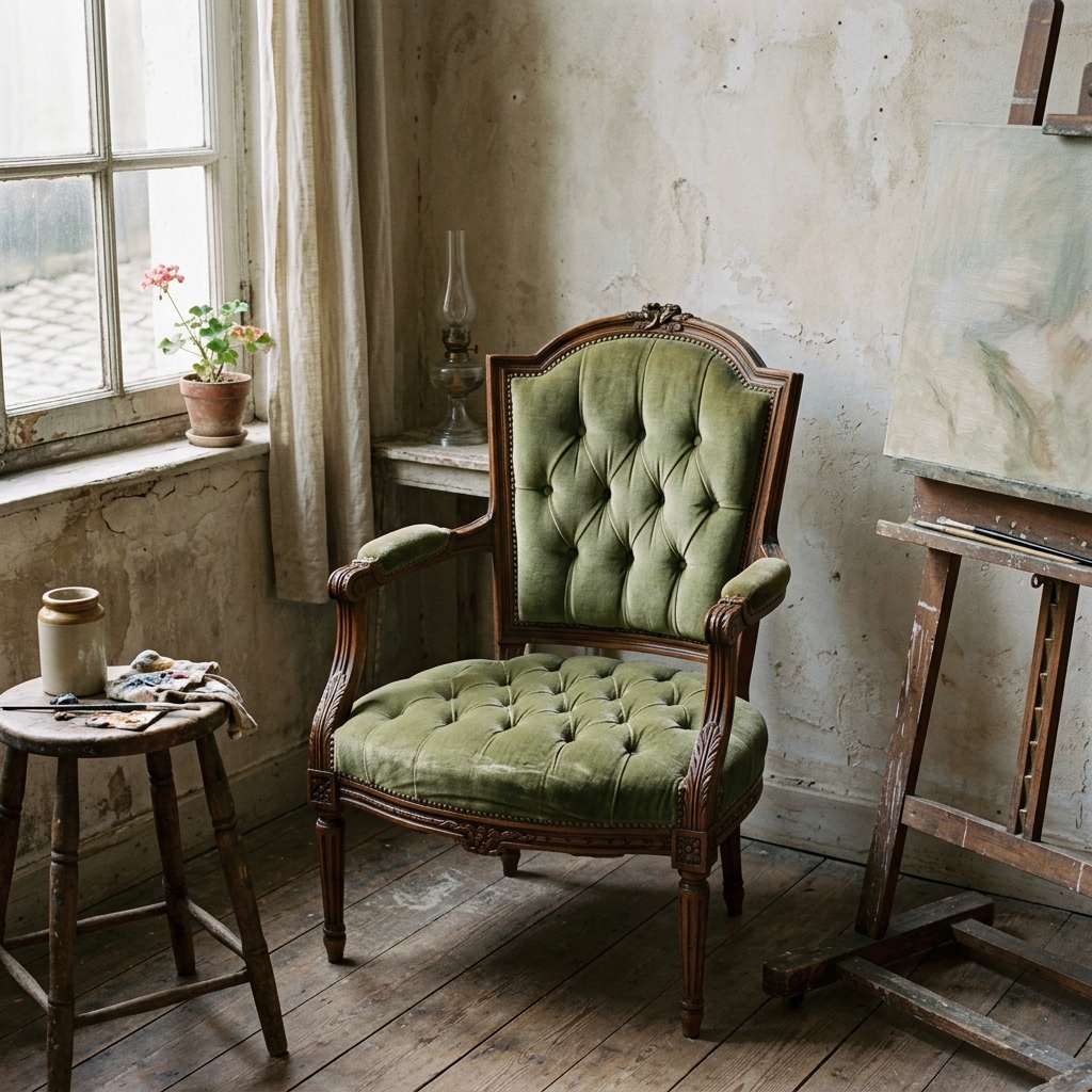 Fauteuil Louis-XVI en velours mousse, monture noyer, garnissage point