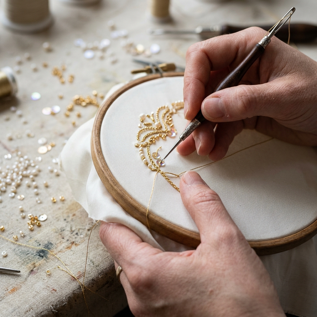 Crochet de Lunéville sur soie crème, perles et sequins