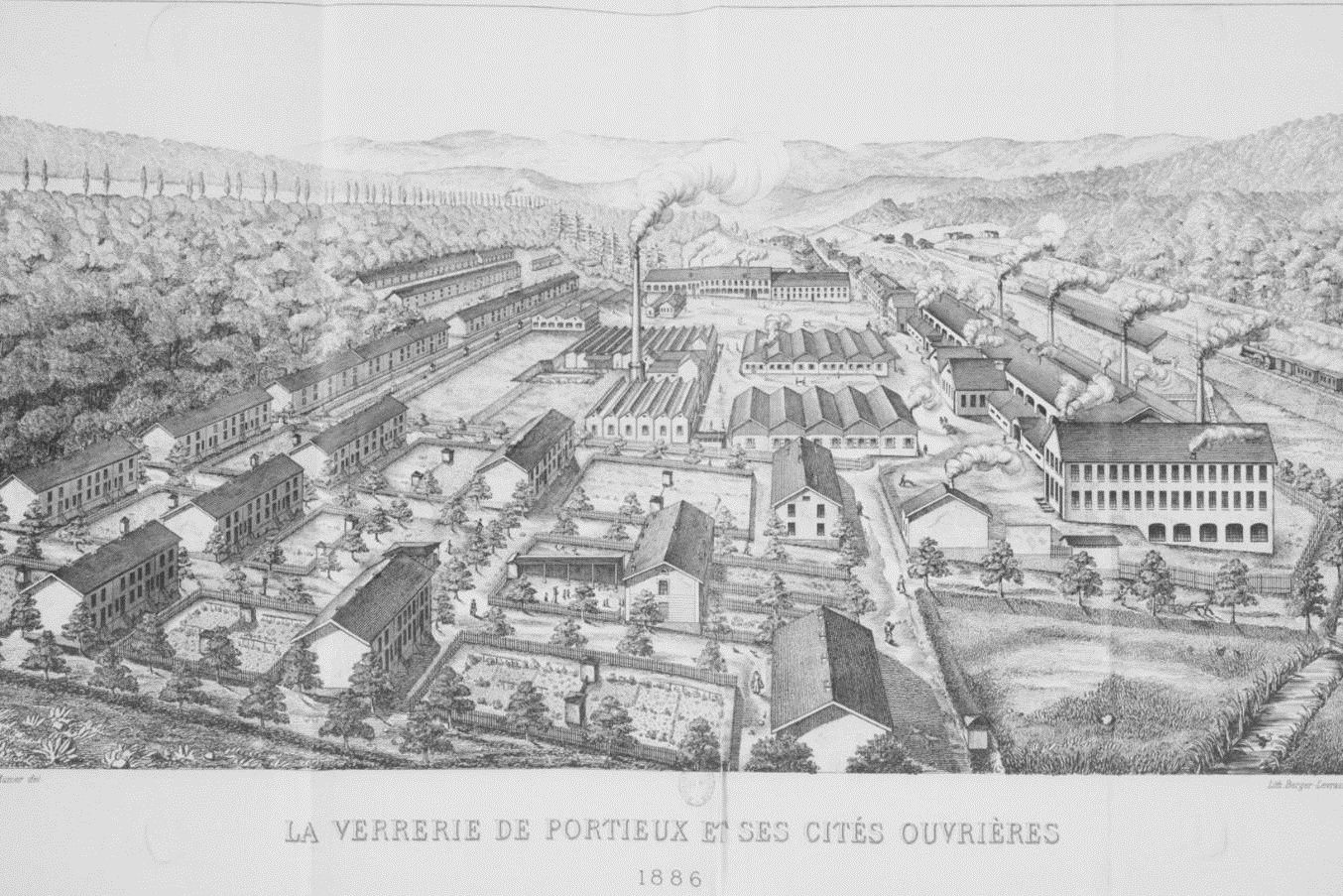 Lithographie : vue cavalière de la verrerie de Portieux et de ses cités ouvrières